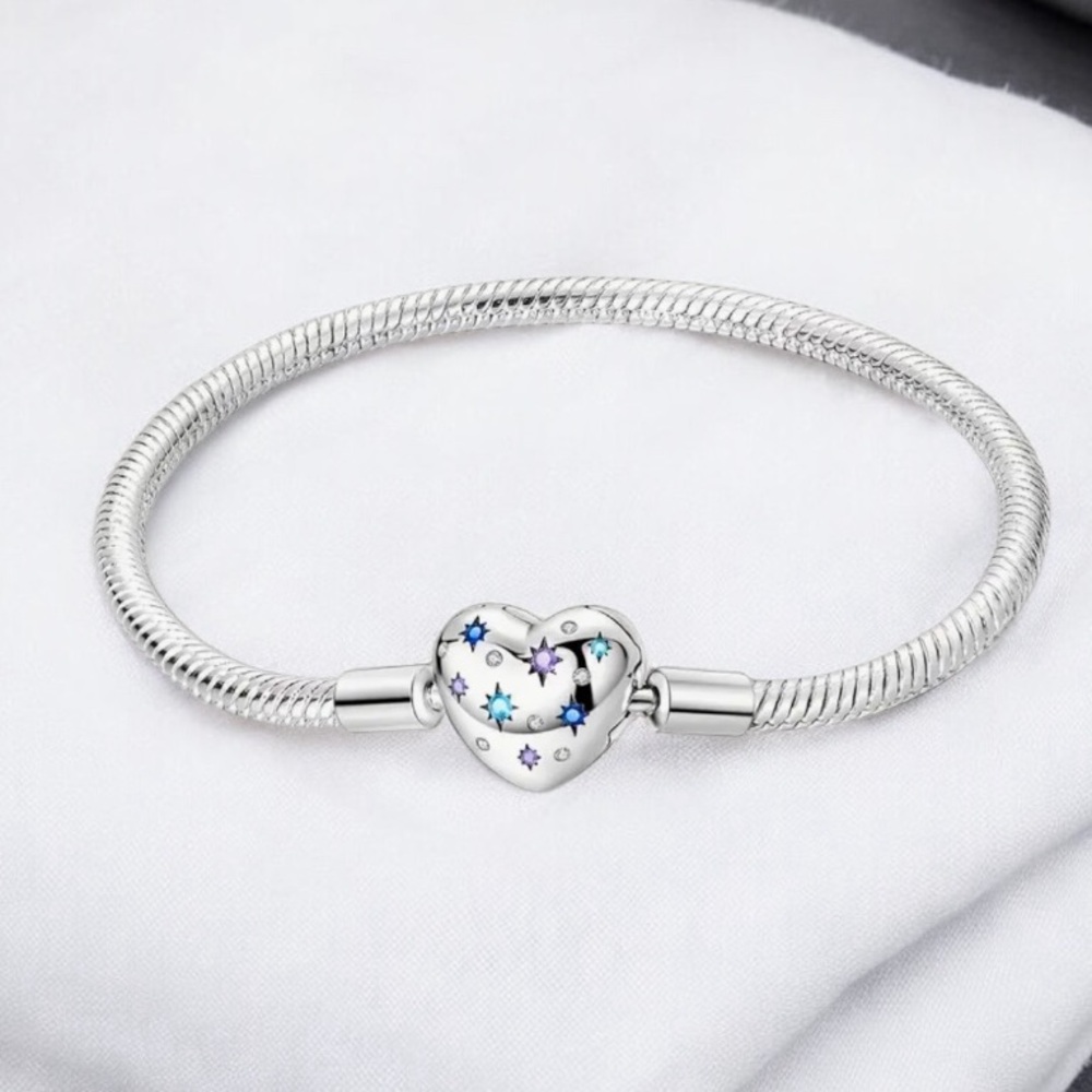 925 Sterling Silvery Sparkling Heart Snake Bone Bracelet Gift for her